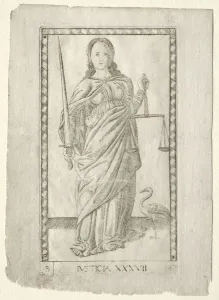 Ferrara Prints: Justice (from the Tarocchi, series B: Cosmic Principles & Virtues, #37), before 1467