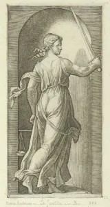 Justice personified by a young woman holding a sword in her raised right hand, scal..., ca. 1515-25 Justice personified by a young woman holding a sword in her raised right hand, scal..., ca. 1515-25