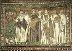 Byzantine Gallery: Justinian and his entourage, Mosaic Church of San Vitale in Ravenna
