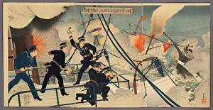 Chino Japanese War Of 1894 1895 Prints: Kabayama, the Chief of Naval Staff, Attacking Enemy Ships from onboard Saikyomaru