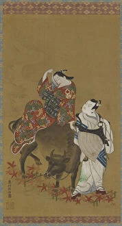 Two kabuki actors in the roles of a courtesan on a water buffalo and a traveling priest