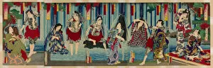 Splashing Gallery: Kabuki Stars Before a Gracious Waterfall (Arigataki megumi no hanagata), 1883
