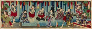 Paddling Gallery: Kabuki Stars Before a Gracious Waterfall (Arigataki megumi no hanagata), 1883