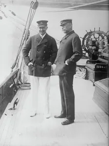 Pulley Prints: Kaiser and Prince of Monaco on boat Meteor, 1913. Creator: Bain News Service