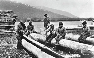 Timber Industry Prints: Kamchadals on the river bank near the baht and logs prepared for hollowing out the baht