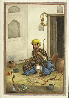 Bending Prints: Kamdangar, a bowmaker - Shown bending the wood of a bow over a bowl of embers