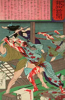 Olive Green Prints: Kanjiro Repels His Would-be Assassins, 1875. Creator: Tsukioka Yoshitoshi