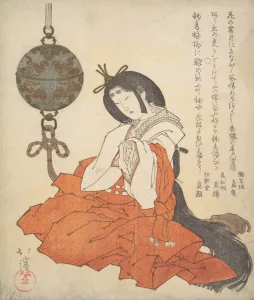Kyosai Prints: Kanjo (Court Lady) Seated, and a Tsurikoro Hanging near Her Head, ca. 1825