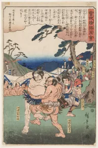 Sports His Prints: Kawazu Saburo Sukemichi against Matano Goro Kagehisa (from the series Illustrated Tale of the Soga B)