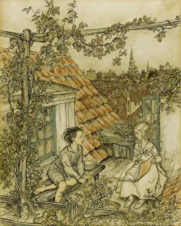 Andersen Prints: Kay and Gerda in their garden high up on the roof