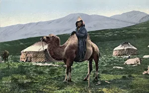 Nomadic Prints: Kazakh on a Camel with Yurts in the Background