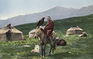 Nomadic Prints: Kazakh with a Golden Eagle, on a Horse with Yurts in the Background