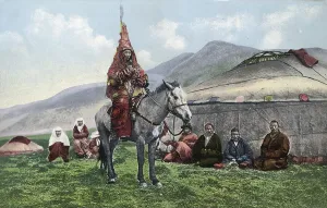 Tents Prints: Kazakh Woman in Wedding Clothes on a Horse, 1911-1913. Creator: Sergei Ivanovich Borisov