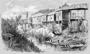 House On Stilts Prints: Kazan; The moat of the old city; A Journey on the Volga, 1875. Creator: Nicholas Rowe