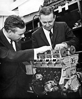 Designer Collection: Keith Duckworth (left) with Harley Copp and Ford Formula II engine 1966. Creator: Unknown