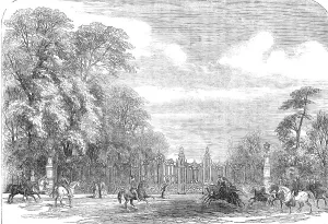 Horsewomen Prints: Kensington Gardens - the Coalbrookdale Gates, Rotten Row, 1854. Creator: Unknown