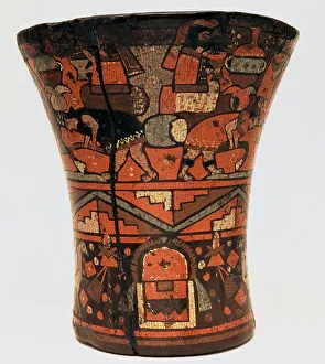 Kero Prints: Kero or ceremonial vessel with agricultural scenes in painted wood, 1500-1700, part