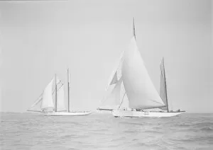 The ketch Cariad and schooner Irma racing downwind, 1911. Creator: Kirk & Sons of Cowes