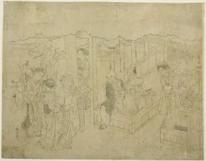 Harunobu Suzuki Collection: Key block print for The Introduction (Miai), the first sheet from the series 'Marriage... c. 1769
