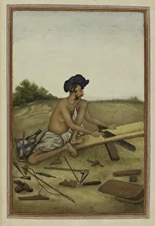 Woodwork Prints: Khati or Tarkhan, carpenter caste of the Panjab - Man sawing a plank, 1825. Creator: Anon