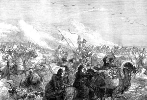 Central Asia Prints: The Khiva Expedition: Russian troops attacking a caravan of Turkomans