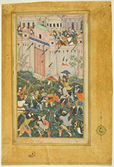 Moghul Collection: Kichik Beg Wounded during Baburs Attack on Qalat, from a copy of the Baburnama... c