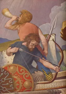 Aelfred Gallery: King Alfreds long-ships defeat the Danes 877, 1925-1927. Artist: Colin Unwin Gill
