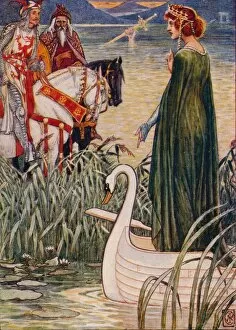Swan Gallery: King Arthur asks the Lady of the Lake for the sword Excalibur, 1911. Artist: Walter Crane