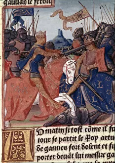 King Arthur and the Knights of the Round Table fighting the Saxons, miniature in