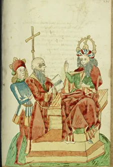 King Avenir Speaks to a Pagan Scholar in Josaphat's Presence; Barlaam und Josaphat, 1469. Creators: Hans Schilling, Diebolt Lauber