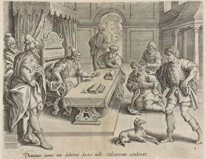 Servant Collection: The King Cancelling his Servants Debt, from the Parable of the Unmerciful Servant, bound... 1585