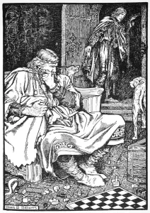 Norse Prints: King Canute and Earl Ulf quarrel over chess, Roskilde, Denmanrk, 1026 (1913). Artist