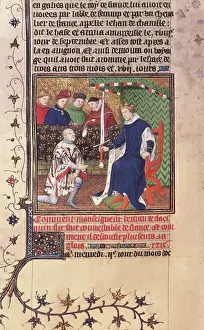 King Charles V of France presenting the sword of Constable of France to Bertrand du Guesclin, c1415. Creator: Workshop of the Boucicaut Master