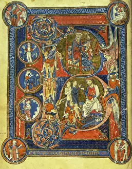 Spiral Prints: King David playing the harp, and the Judgement of Solomon, c1260. Creator: Unknown