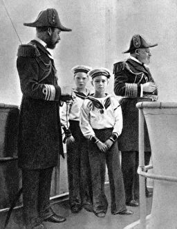 Naval Prints: King Edward VII (1841-1910) with his son George (1865-1936) and his two eldest grandsons