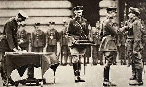 Edwards Gallery: King George V awarding the Victoria Cross to Private Wilfred Edwards, 1917. Artist