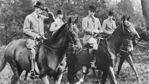 King George V riding in Windsor Great Park with his sons, c1930s