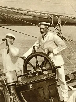 King George V at the wheel of of his yacht, Britannia, during Cowes Regatta week, 1924, (1935) King George V at the wheel of of his yacht, Britannia, during Cowes Regatta week, 1924, (1935)