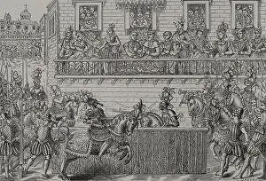 Incident Prints: King Henry II of France, (1519-1559) mortally wounded by the Count of Montgomery