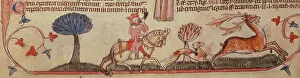 Stag Prints: A king with his hunting dog, chasing a stag, c1300-c1325. Creator: Unknown