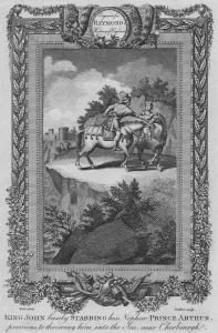 Stabbing Gallery: King John basely Stabbing his Nephew Prince Arthur, previous to throwing him into the Sea, c1787