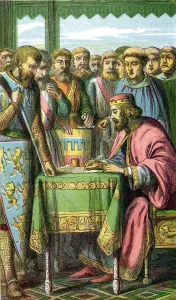 Legal Document Prints: King John signing the Magna Carta at Runnymede, Surrey, 15 June 1215 (c1860)