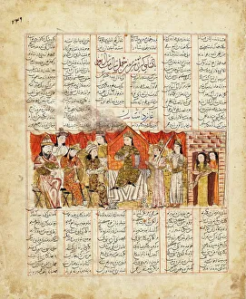 King Khusraw Anushirvan Enthroned: Page from a Manuscript of the Shahnama... 741 A.H. (A.D. 1341). Creators: Unknown, Ferdowsi