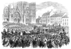 State Coach Prints: King Leopold II. entering the Church of St. Gudule, at Brussels... 1865. Creator: Unknown