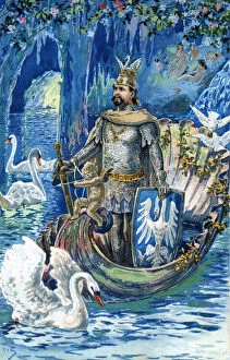 Chromolithography Gallery: King Ludwig II as Lohengrin in the Blue Grotto of Linderhof Palace, c. 1900