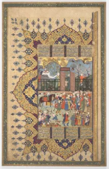 Safavid Period Prints: King Luhrasp Ascends the Throne: A Processon Arrives at Court (Recto)... c. 1560s-80s