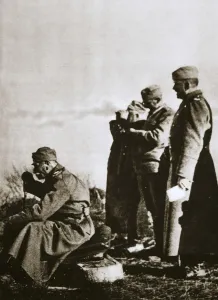 Greatcoat Prints: King Peter I of Serbia watching the retreat of his defeated army, 1914