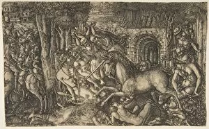 Horned Gallery: A King Pursued by a Unicorn, from the Unicorn Series, ca. 1555. Creator: Jean Duvet