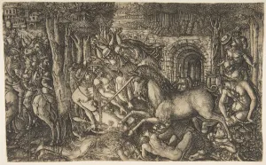 Jean Duvet Prints: A King Pursued by a Unicorn, from the Unicorn Series, ca. 1555. Creator: Jean Duvet