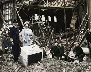 The King and Queen survey bomb damage, Buckingham Palace, London, WWII, 1940
